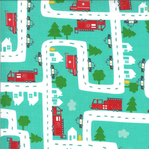SALE On the Go Five Alarm 20723 Jet Stream - Moda - Road Map Roads Fire Trucks Paramedics Police Juvenile Turquoise - Quilting Cotton Fabric