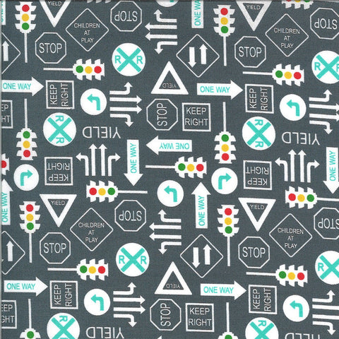 CLEARANCE On the Go It's a Sign 20725 Asphalt - Moda - Road Signs Stop Lights Yield Railroad Crossing  Gray Grey - Quilting Cotton Fabric