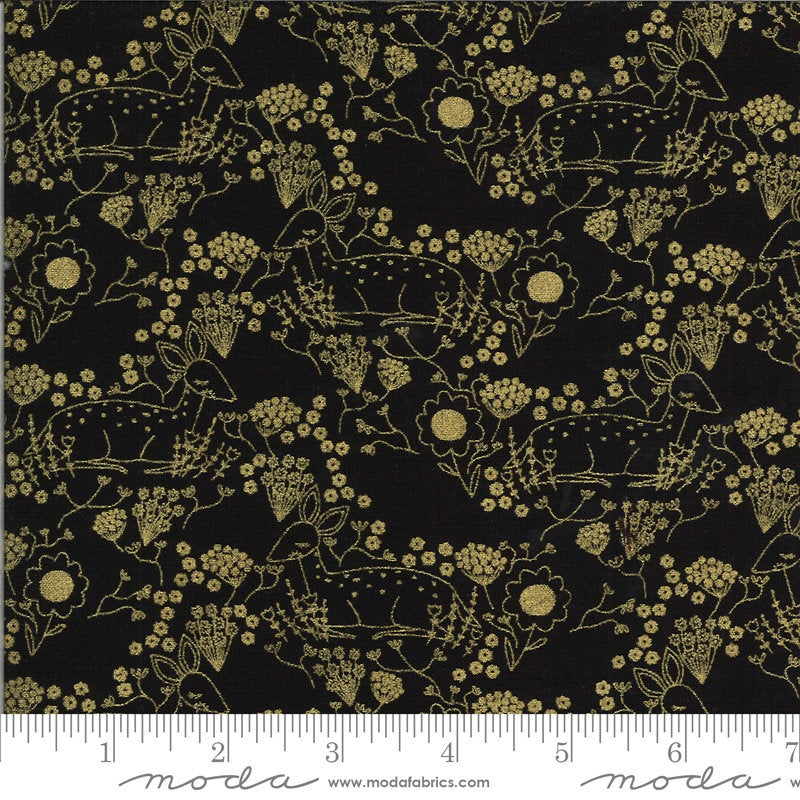 Fat Quarter End of Bolt - SALE Dwell in Possibility Meadow Deer METALLIC 48313 Night - Moda - Flowers Outlined Deer Gold - Quilting Fabric