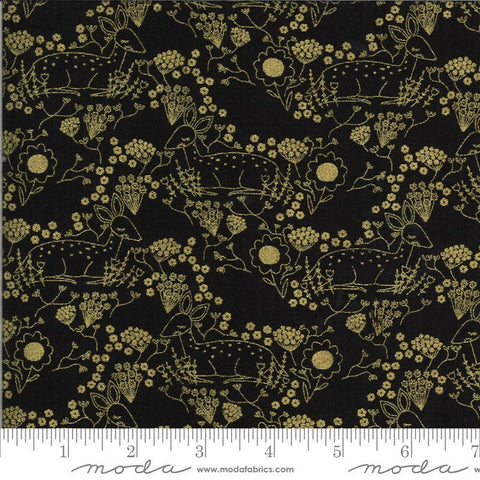Fat Quarter End of Bolt - SALE Dwell in Possibility Meadow Deer METALLIC 48313 Night - Moda - Flowers Outlined Deer Gold - Quilting Fabric