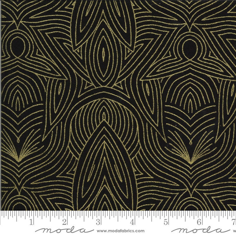 SALE Dwell in Possibility Nouveau METALLIC 48316 Night - Moda - Floral Outlined Flowers Black with Gold METALLIC - Quilting Cotton Fabric