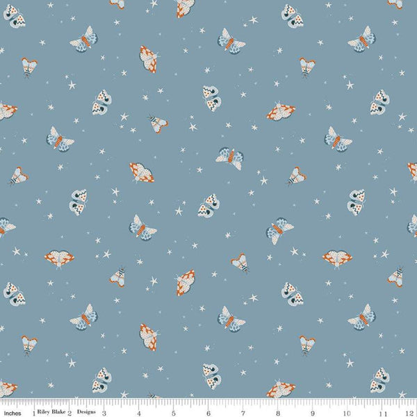 SALE Camp Woodland Moths C10462 Denim - Riley Blake Designs - Moths Stars Blue - Quilting Cotton Fabric