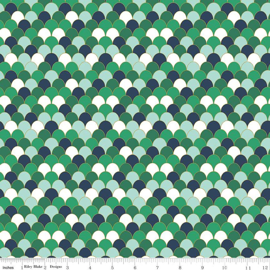 SALE Ahoy! Mermaids Scales SC10345 Green SPARKLE - Riley Blake Designs - Clamshells Green White Blue with Gold  - Quilting Cotton Fabric