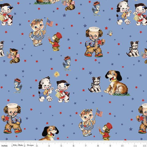 SALE Set Sail America Main C10510 Blue- Riley Blake Designs - Patriotic Retro Cats Dogs Bluebirds Flags Stars - Quilting Cotton Fabric