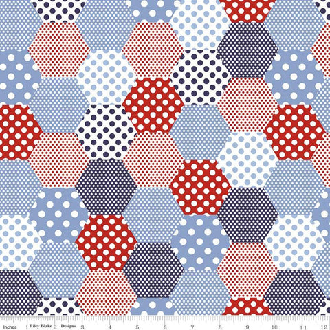 SALE Set Sail America Hexi C10511 Multi- Riley Blake Designs - Geometric Hexagons Polka Dots Red Blue Off-White - Quilting Cotton Fabric