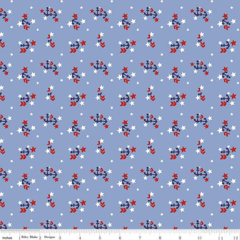 CLEARANCE Set Sail America Anchors C10513 Blue - Riley Blake Designs - Patriotic Anchors Stars Red Blue Off-White - Quilting Cotton Fabric