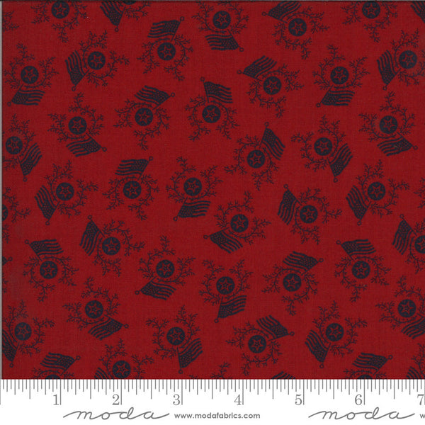 American Gathering Flag Day 49125 Red Navy - Moda Fabrics - Americana Patriotic Flags Sprigs Stars Blue on Red  - Quilting Cotton Fabric