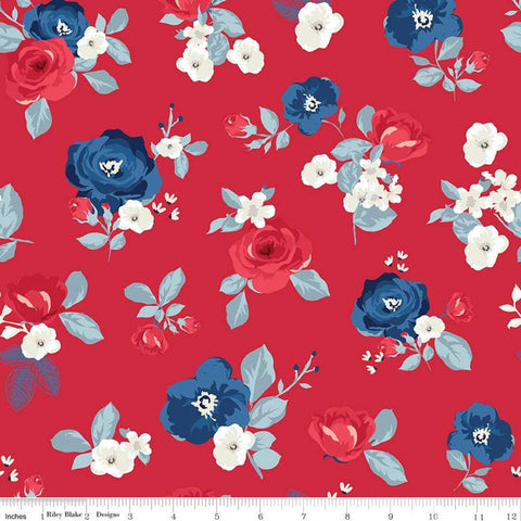 27" End of Bolt - Land of Liberty Main C10560 Red - Riley Blake  - Patriotic Americana Flowers Blue Cream Off-White - Quilting Cotton Fabric