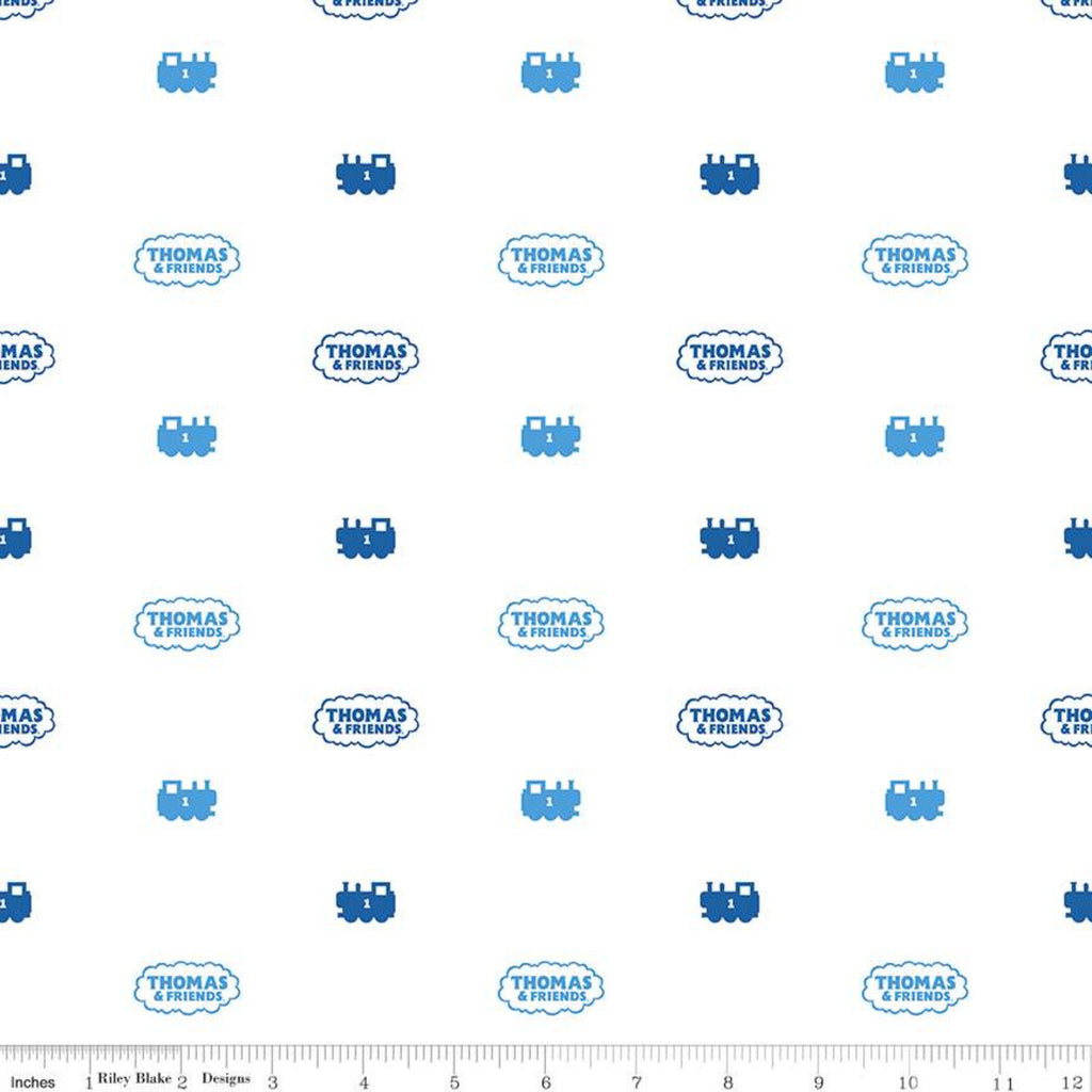Fat Quarter End of Bolt - CLEARANCE All Aboard with Thomas and Friends C11005 White - Riley Blake - Train Engine Logo Blue - Quilting Cotton