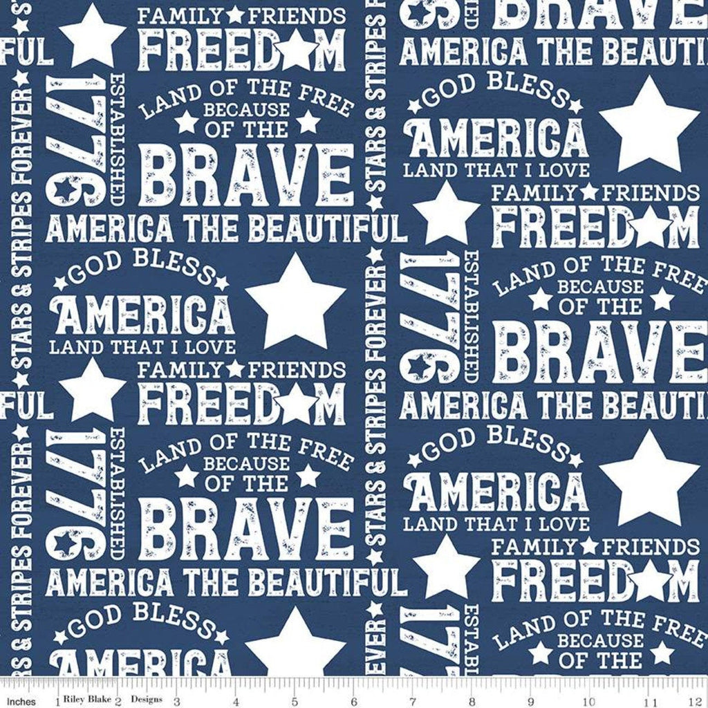 CLEARANCE Let Freedom Soar Text C10520 Blue - Riley Blake Designs - Patriotic Words Phrases Off-White on Blue - Quilting Cotton Fabric