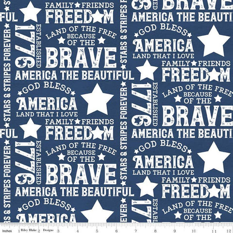 CLEARANCE Let Freedom Soar Text C10520 Blue - Riley Blake Designs - Patriotic Words Phrases Off-White on Blue - Quilting Cotton Fabric