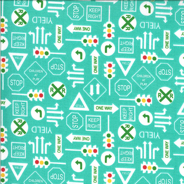 CLEARANCE On the Go It's a Sign 20725 Jet Stream - Moda - Road Signs Stop Lights Railroad Turquoise - Quilting Cotton Fabric