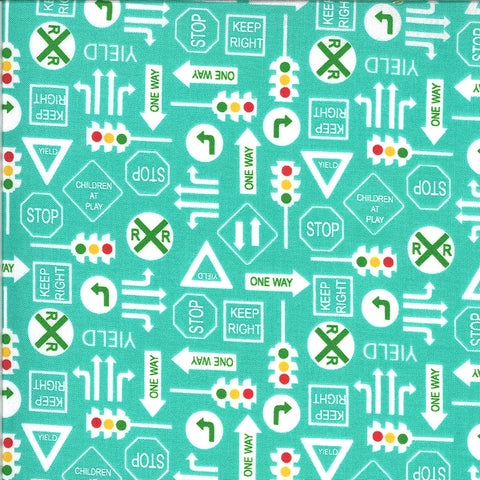 CLEARANCE On the Go It's a Sign 20725 Jet Stream - Moda - Road Signs Stop Lights Railroad Turquoise - Quilting Cotton Fabric