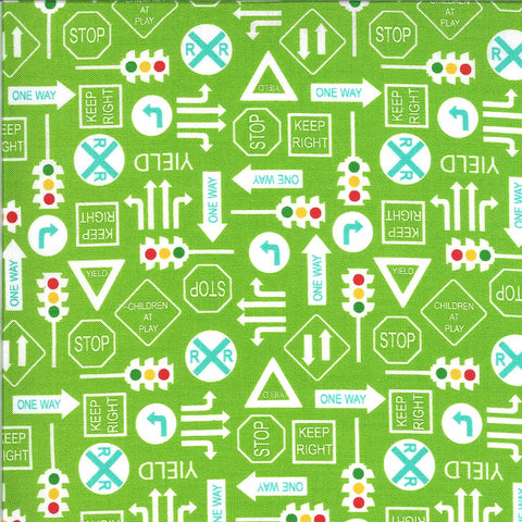 CLEARANCE On the Go It's a Sign 20725 Grass - Moda Fabrics - Road Signs Stop Lights Railroad Crossing Green - Quilting Cotton Fabric