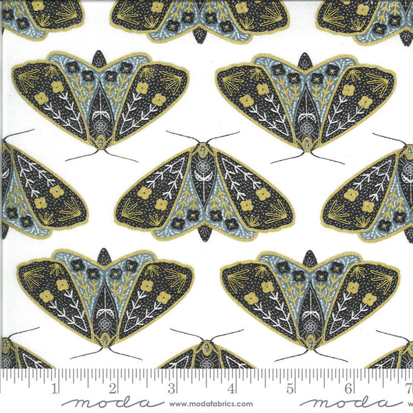 26" End of Bolt - SALE Dwell in Possibility Dainty Moths METALLIC 48311 Ivory Sky - Moda Fabric - Blue Natural Gold - Quilting Cotton Fabric