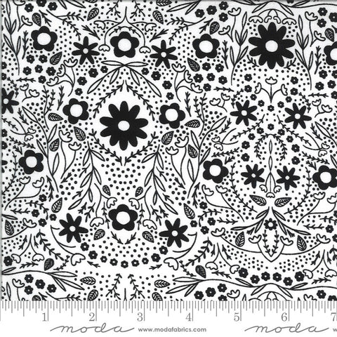 Fat Quarter End of Bolt Piece - SALE Dwell in Possibility 48312- Moda Fabrics - Flowers Black Natural Off-White - Quilting Cotton Fabric