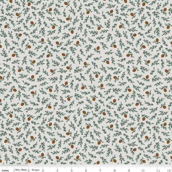 33" End of Bolt - SALE Camp Woodland Pine Cones C10464 Off White - Riley Blake - Outdoors Cones Sprigs - Quilting Cotton Fabric