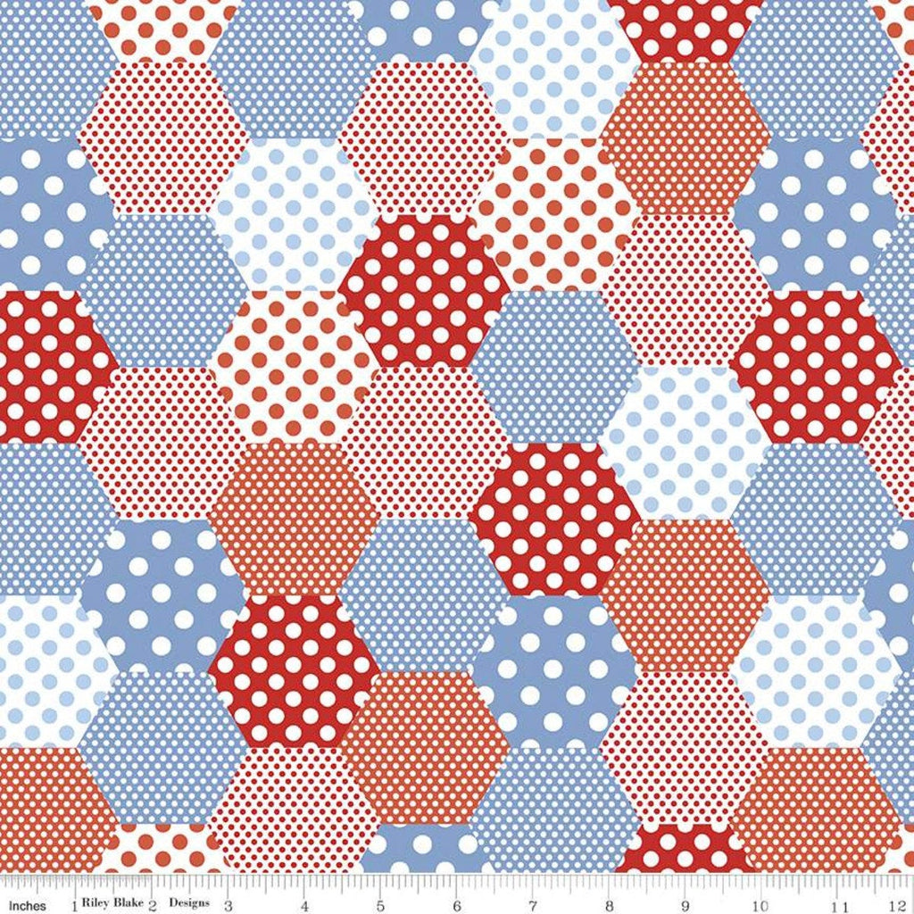 CLEARANCE Set Sail America Hexi C10511 Red- Riley Blake Designs - Geometric Polka Dots Blue Off-White - Quilting Cotton Fabric