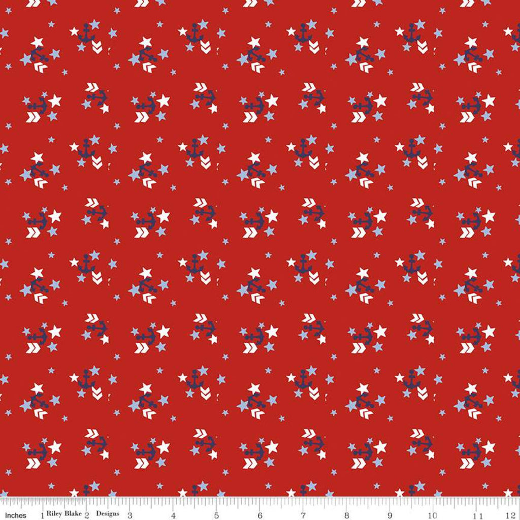 SALE Set Sail America Anchors C10513 Red - Riley Blake Designs - Patriotic Anchors Stars Red Blue Off-White - Quilting Cotton Fabric