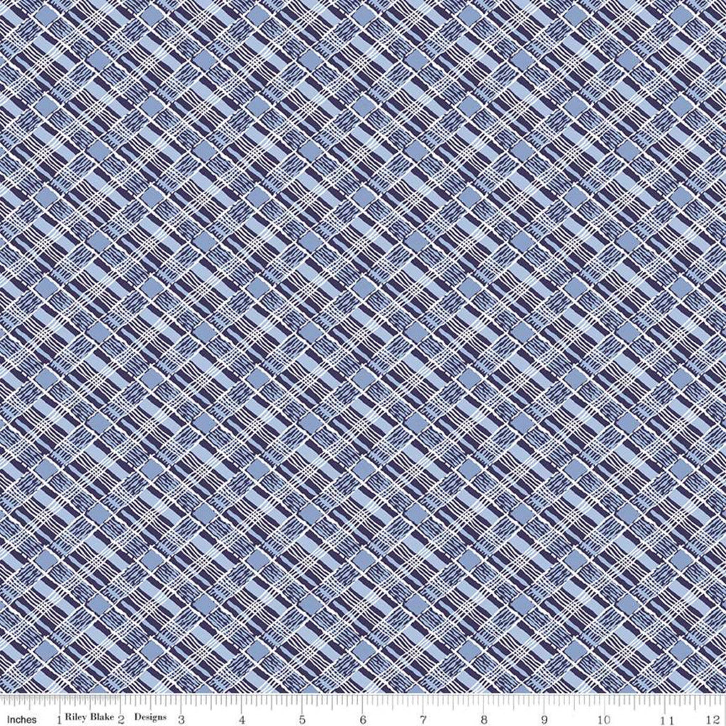 CLEARANCE Set Sail America Plaid C10514 Navy - Riley Blake Fabrics - Patriotic Geometric Diagonal Blue Off-White - Quilting Cotton Fabric
