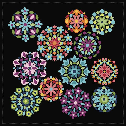 SALE Gem Stones Bright Rosette Panel P10870 Black - Riley Blake Designs - Floral Flowers DIGITALLY PRINTED 38"x38" - Quilting Cotton Fabric