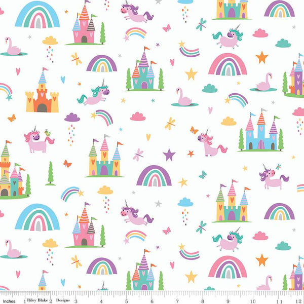 SALE Unicorn Kingdom Main SC10470 White SPARKLE - Riley Blake Designs - Unicorns Castles Rainbows Silver SPARKLE  - Quilting Cotton Fabric