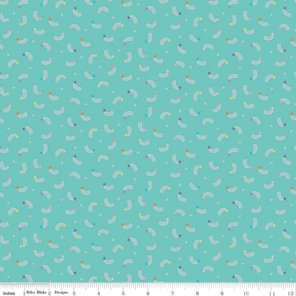 CLEARANCE Unicorn Kingdom Shooting Stars SC10473 Teal SPARKLE - Riley Blake Designs - Star Silver Blue Green  - Quilting Cotton Fabric