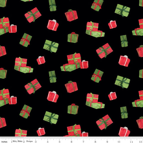 SALE FLANNEL Gnome for Christmas Presents F10611 Black  - Riley Blake Designs - Scattered Gifts - FLANNEL Cotton Fabric