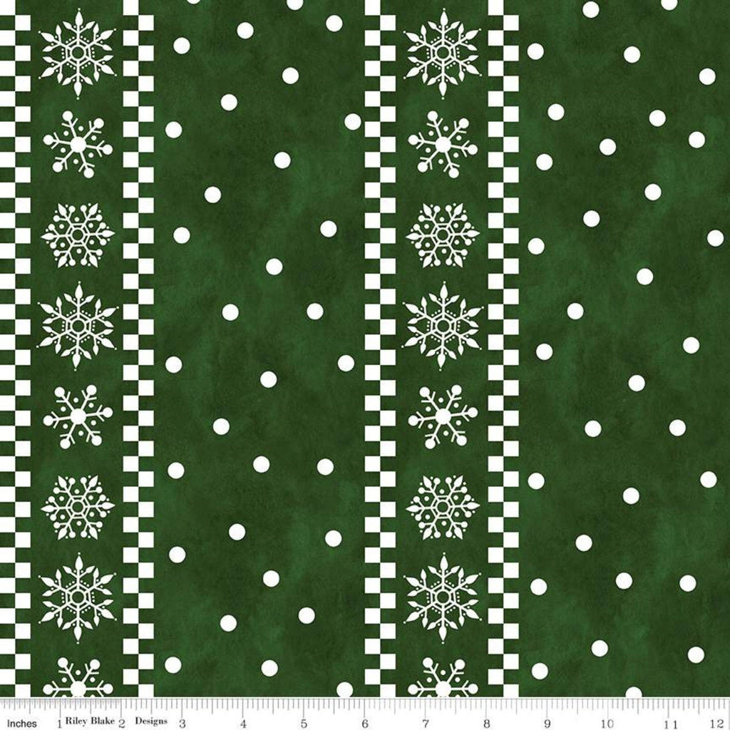 SALE FLANNEL Gnome for Christmas Stripes F10613 Green - Riley Blake Designs - White Snowflakes Dots Checks Striped  - FLANNEL Cotton Fabric