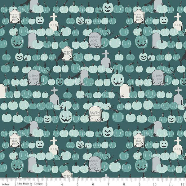 CLEARANCE Spooky Hollow Pumpkin Field C10575 Teal - Riley Blake - Halloween Pumpkins Headstones Blue Green -  Quilting Cotton Fabric