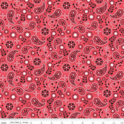 Fat Quarter End of Bolt - FLANNEL Down on the Farm Bandana F10625 Red - Riley Blake - Paisley Flowers Hearts Leaves - FLANNEL Cotton Fabric