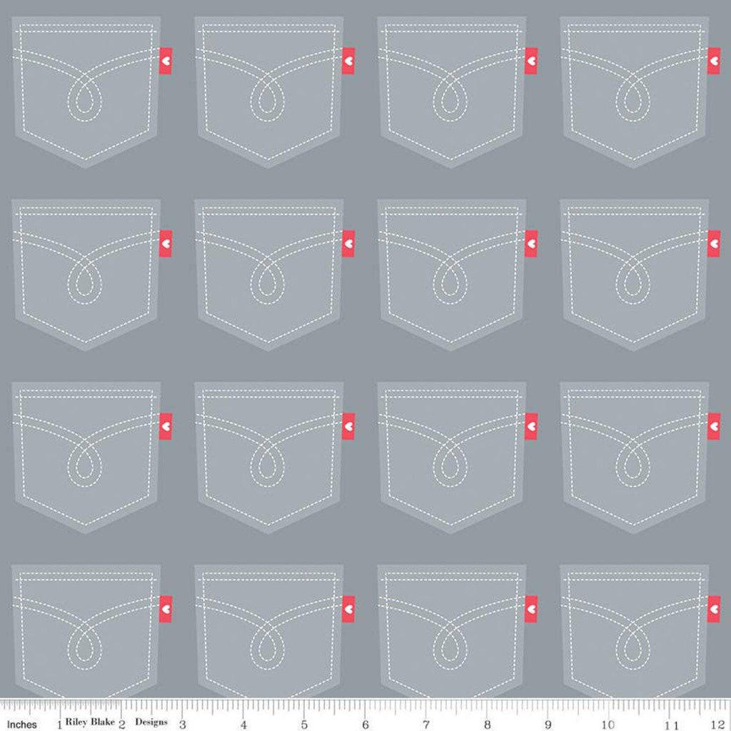 CLEARANCE FLANNEL Down on the Farm Pockets F10626 Gray - Riley Blake Designs - Pocket Stitching Heart Tag  - FLANNEL Cotton Fabric