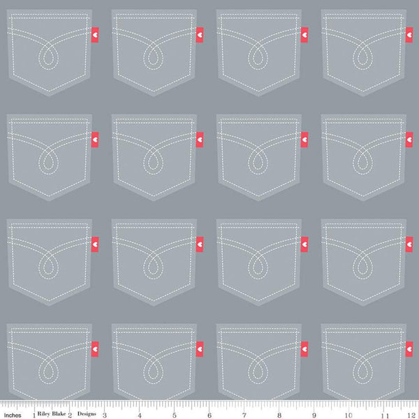 CLEARANCE FLANNEL Down on the Farm Pockets F10626 Gray - Riley Blake Designs - Pocket Stitching Heart Tag  - FLANNEL Cotton Fabric