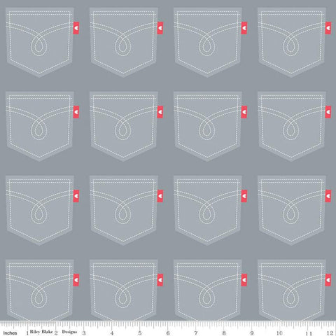 CLEARANCE FLANNEL Down on the Farm Pockets F10626 Gray - Riley Blake Designs - Pocket Stitching Heart Tag  - FLANNEL Cotton Fabric