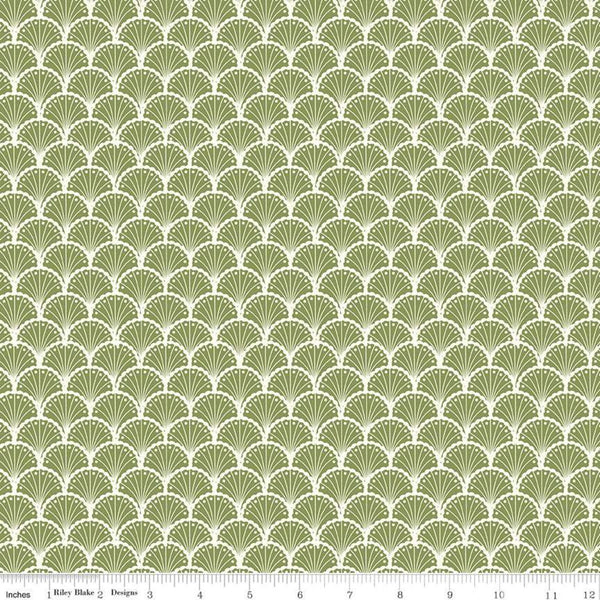 SALE Stardust Scallops C10502 Olive - Riley Blake Designs - Clamshell Fan Green Off-White -  Quilting Cotton Fabric