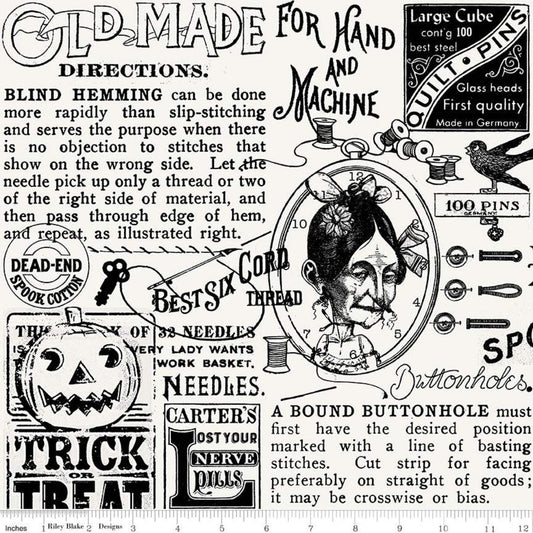 DEAL Old Made Text C10594 Off White - Riley Blake Designs - Halloween Sewing Words Images -  Quilting Cotton Fabric