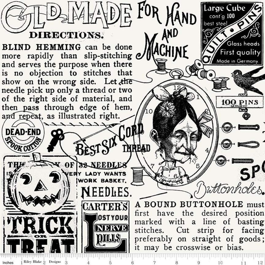 SALE Old Made Text C10594 Off White - Riley Blake Designs - Halloween Sewing Words Images -  Quilting Cotton Fabric