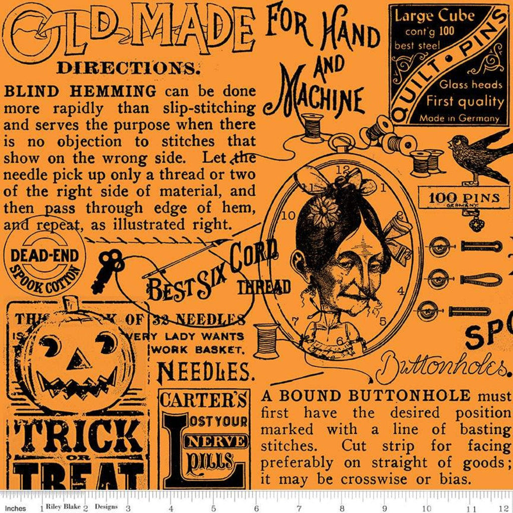 SALE Old Made Text C10594 Orange - Riley Blake Designs - Halloween Sewing Words Images -  Quilting Cotton Fabric