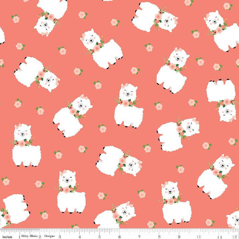 SALE FLANNEL Llamas F10620 Coral - Riley Blake Designs - Juvenile Children's Llama Flowers Pink Orange - FLANNEL Cotton Fabric