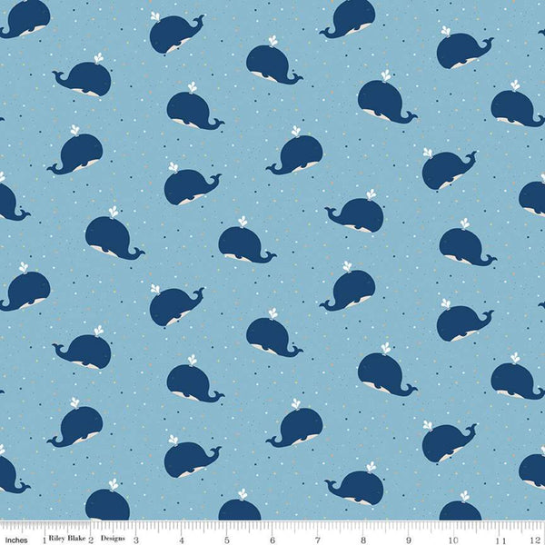 12" End of Bolt - SALE FLANNEL Whales F10622 Blue - Riley Blake Designs - Children's Whales Tiny Multi-Colored Stars - FLANNEL Cotton Fabric