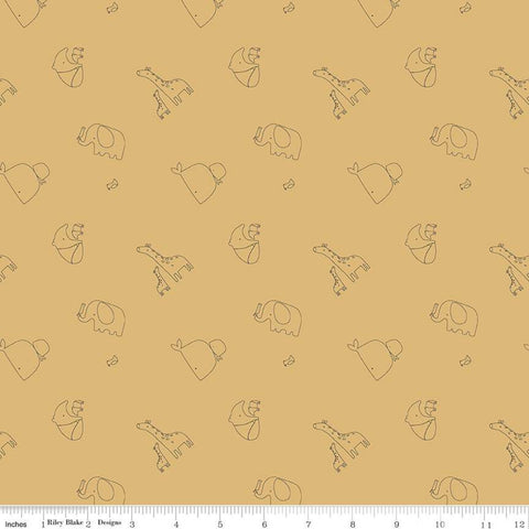 SALE FLANNEL Little One F10624 Flax - Riley Blake - Pandas Giraffes Lions Whales Elephants Aardvarks Octopus Gold - FLANNEL Cotton Fabric