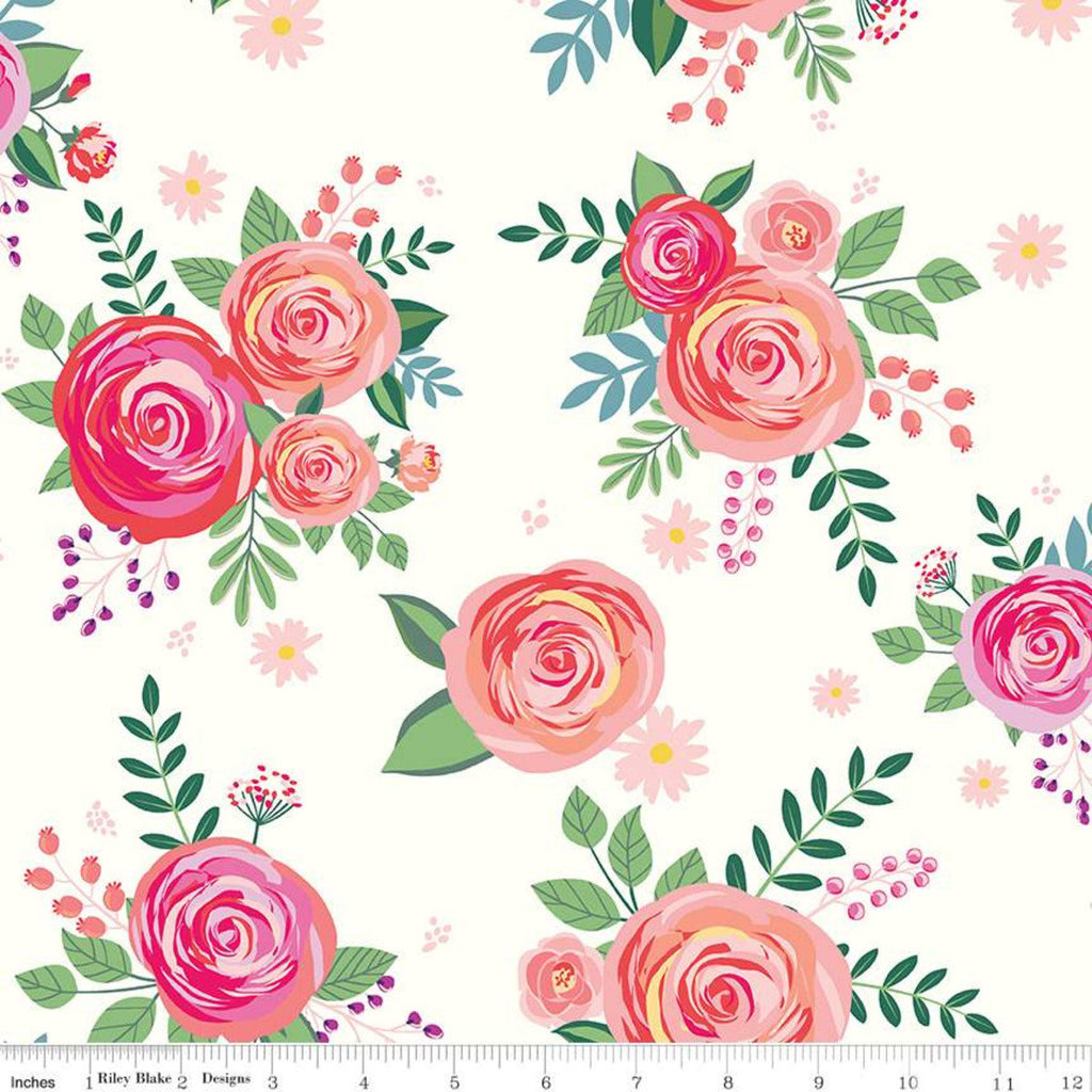 32" End of Bolt Piece - Poppy and Posey Main C10580 Cloud - Riley Blake Designs - Floral Flowers Off-White -  Quilting Cotton Fabric