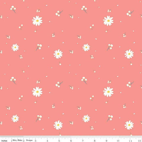 30" End of Bolt Piece - Poppy and Posey Buds C10582 Coral - Riley Blake - Floral Flowers Off-White on Pink Orange -  Quilting Cotton Fabric