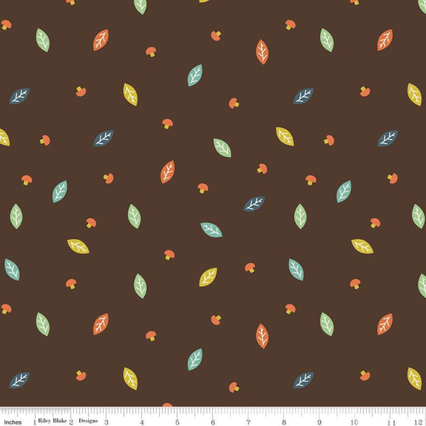 19" End of Bolt - FLANNEL Woodland Leaf F10632 Brown - Riley Blake Designs -  Leaves Mushrooms  - FLANNEL Cotton Fabric