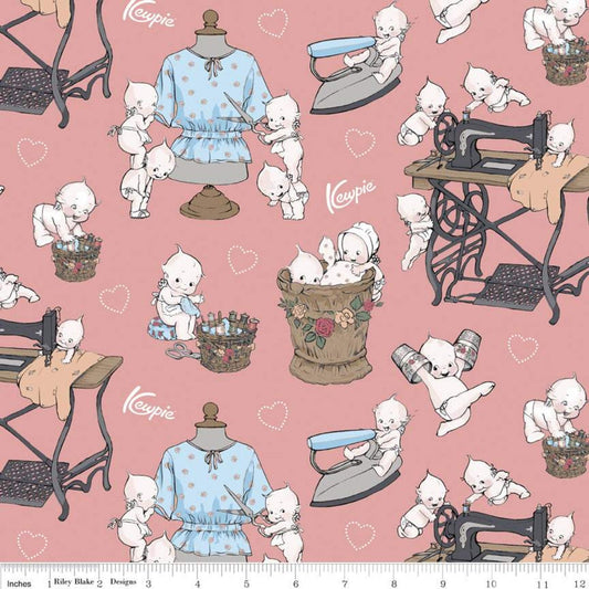 DEAL Sew Kewpie Main C10540 Coral - Riley Blake Designs - Sewing Machines Irons Vintage Pink Orange  - Quilting Cotton Fabric