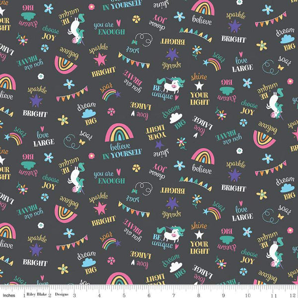 CLEARANCE Unicorn Kingdom Be You C10472 Charcoal - Riley Blake - Text Sayings Unicorns Rainbows Stars - Quilting Cotton Fabric