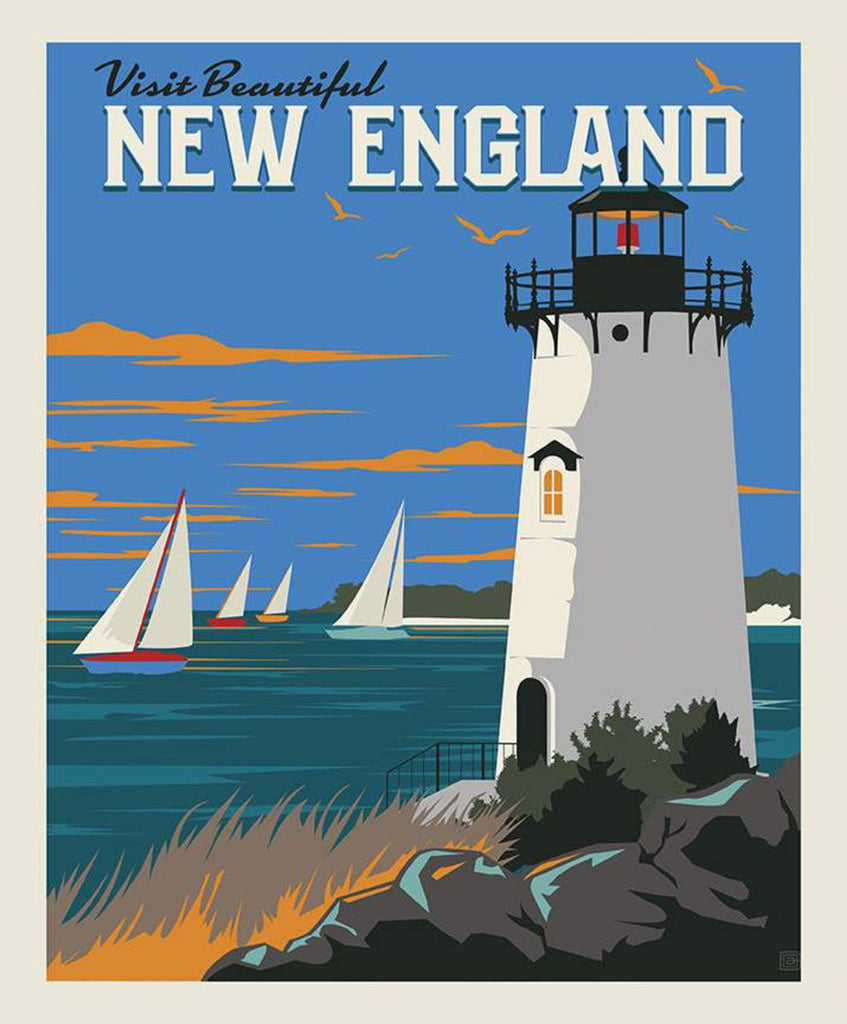 SALE Destinations New England Poster Panel P10974 by Riley Blake Designs - Outdoors Recreation Lighthouse Boats - Quilting Cotton Fabric