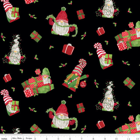 16" End of Bolt - FLANNEL Gnome for Christmas Main F10610 Black - Riley Blake Design - Gnomes Presents Holly - FLANNEL Cotton Fabric