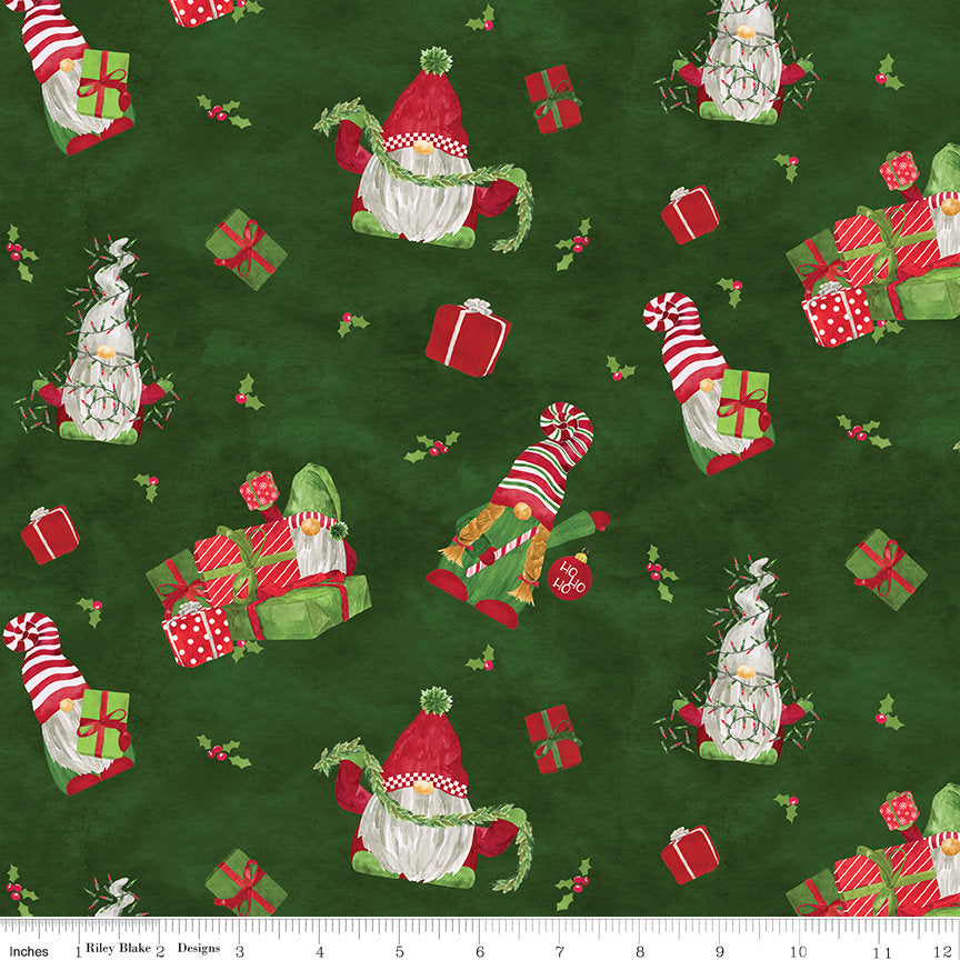 SALE FLANNEL Gnome for Christmas Main F10610 Green - Riley Blake Designs - Gnomes Presents Holly - FLANNEL Cotton Fabric