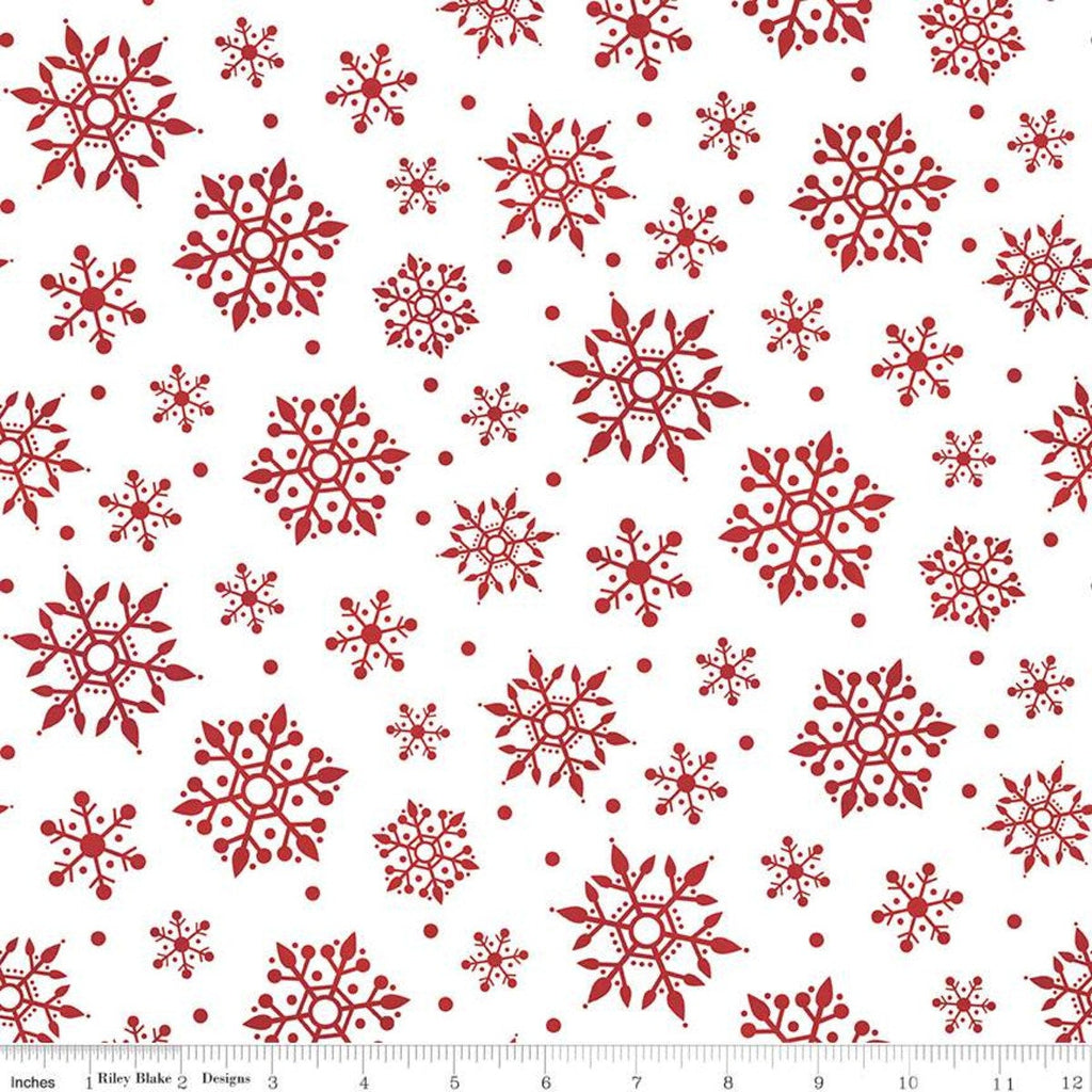 FLANNEL Gnome for Christmas Snowflakes F10612 White - Riley Blake Designs - Dark Red on White Snow - FLANNEL Cotton Fabric